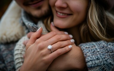 A woman with long blonde hair smiles while holding her hand up to show off a new engagement ring