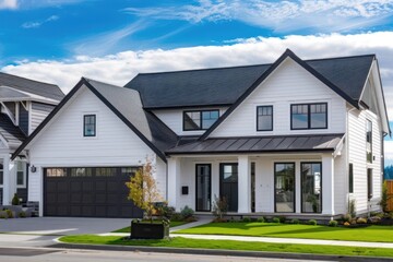 Charming two-story American style house with white exterior and black roof