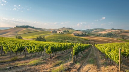 Fototapeta premium Beautiful vineyard landscape under clear blue sky with lush green vines and rolling hills. Perfect for agricultural, travel, and nature concept.