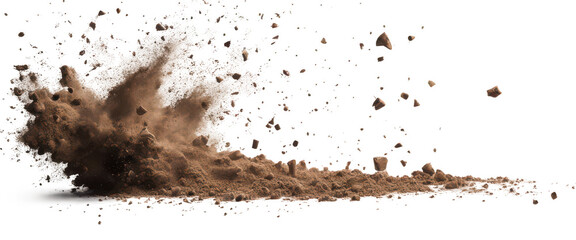 Soil explosion, effects, showcasing flying debris and particle dispersion isolate on transparent background, cutout, png