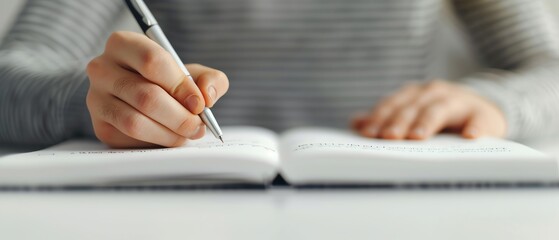 Fototapeta premium Closeup of a hand writing in a notebook with research notes, Academic writing, detailed research notes