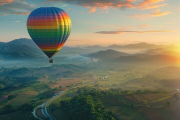 Fototapeta premium Close up Colorful hot air balloon flying over green valley with road and mountain background at sunrise