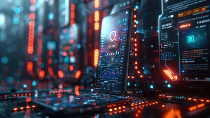 Obraz premium Futuristic Digital Interface with Smartphone Displaying Data and Security Analysis in a High-Tech Cybernetic Network EnvironmentFuturistic