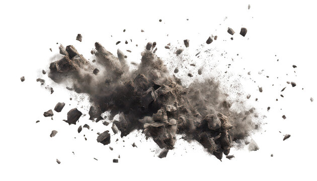Powerful explosion with debris and dust particles suspended in mid air isolate on transparent background, cutout, png