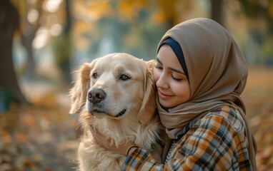 A smiling Muslim woman wearing a headscarf cuddles a golden retriever in a park, surrounded by fallen autumn leaves