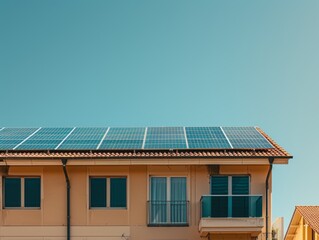 Solar Panels on Residential Roof with Blue Sky