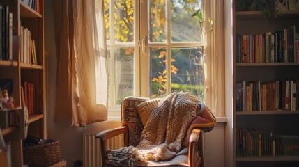 Cozy reading corner by a window. Sunlight filters. Shelves of books. Causes a sense of comfort. Serene atmosphere with warm tones.
