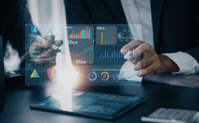 Business person hands working on digital tablet with dashboard data management system, Business marketing analysis.