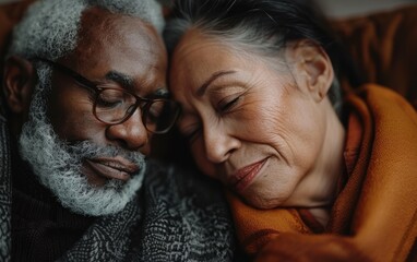 A happy interracial senior couple lovingly embrace each other, both with their eyes closed, as they take a nap indoors