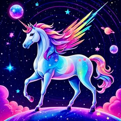 A mystical image of a unicorn horse in the vastness of a futuristic galaxy. Fantasy digital art