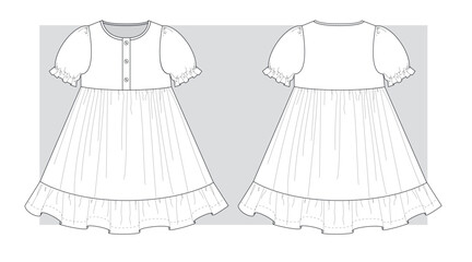 Dress with a lantern sleeve and a flared skirt with a frill at the bottom. Technical scketch.