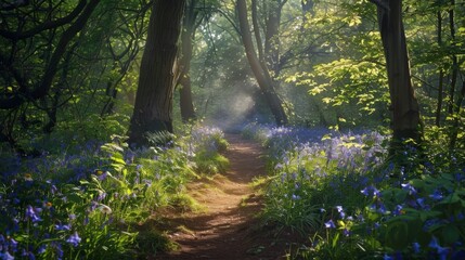 Obraz premium Serene forest path bathed in sunlight. The trail winds through a lush, green woodland filled with purple flowers. Ideal for nature and tranquility themes.