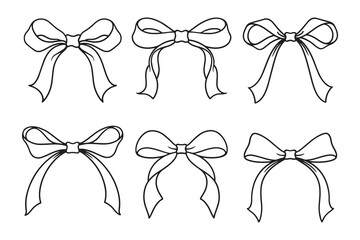  Vector illustration of ribbon bows in hand-drawn line art style, isolated on a white background. Perfect for design projects and digital prints, offering an elegant and creative touch.