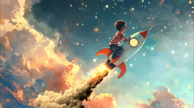 A boy ride on rocket soaring through a dreamy sky with clouds and stars. Seamless loop video background