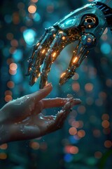 Human hand reaching out to touch illuminated robotic hand in mesmerizing forest with glowing bokeh lights, symbolizing futuristic technology and connectionfuturistic