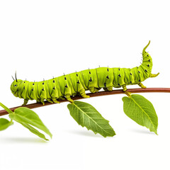 Bright Green Caterpillar On A Branch With Green Leaves On White Background