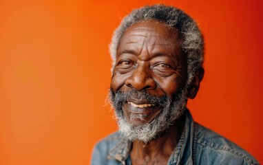 A portrait of a smiling senior black man with a gray beard, wearing a blue denim shirt, in front of an orange background