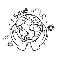 Vector illustration of a hand holding a globe in hand-drawn line art style, isolated on a white background. Perfect for Earth and environment protection concepts, offering a simple and modern design.