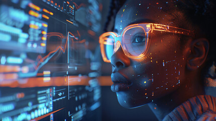 In a high-tech control room, an African American female IT expert evaluates AI cyber security threats on a holographic display. The vibrant blue and orange colors emphasize the advanced technology.