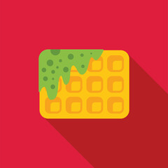 Delicious breakfast food, sweet square waffle with dripping green topping, flat design icon with long shadow on red background