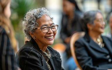 A happy senior businesswoman with gray hair smiles and looks to the left while wearing glasses and a black jacket. She is in a business setting