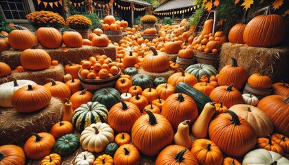 Autumn Harvest Pumpkins and Gourds in a Rustic Setting.