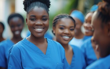 Fototapeta premium A group of Black female medical students are wearing blue scrubs and smiling at an outdoor event