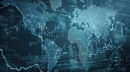 Abstract digital world map on a screen with data and numbers.