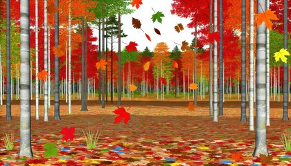 Fototapeta premium Autumn Forest with Falling Leaves and Colorful Foliage.