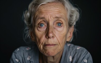 A senior woman with white hair and blue eyes looks directly at the camera with a worried expression