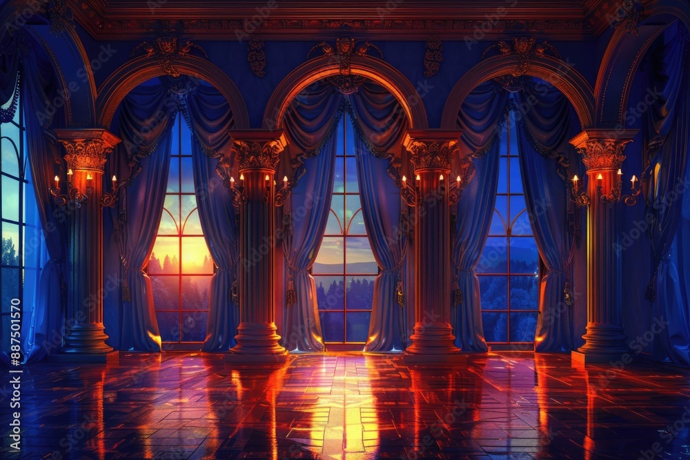 Poster A spacious room filled with natural light from multiple windows, featuring colorful curtains and a comfortable atmosphere