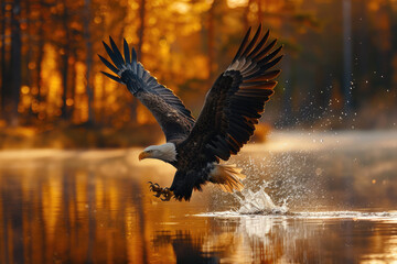 Fototapeta premium The moment when the bald eagle catches fish in the river