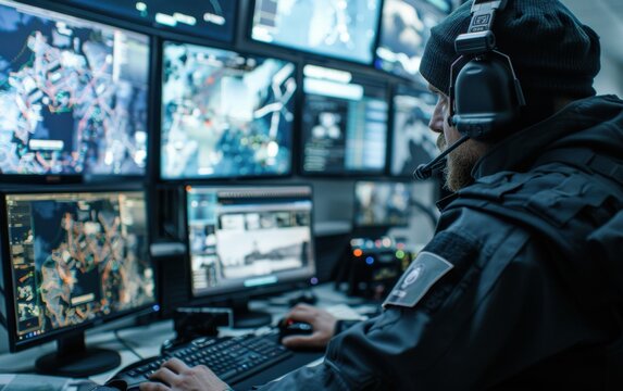 A police officer wearing a headset sits in front of multiple computer monitors displaying security camera footage. He uses a keyboard and mouse to input personal information into a computer - Powered by Adobe