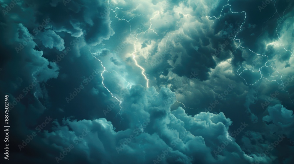 Poster a picture of a cloudy sky with lightning, great for weather or storm-related themes