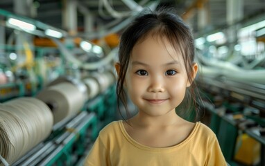 A young Asian girl wearing a yellow shirt smiles at the camera while standing in front of a textile factory. She is standing in front of spools of thread on a machine