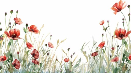 Watercolor tall grass and red poppys on a white background