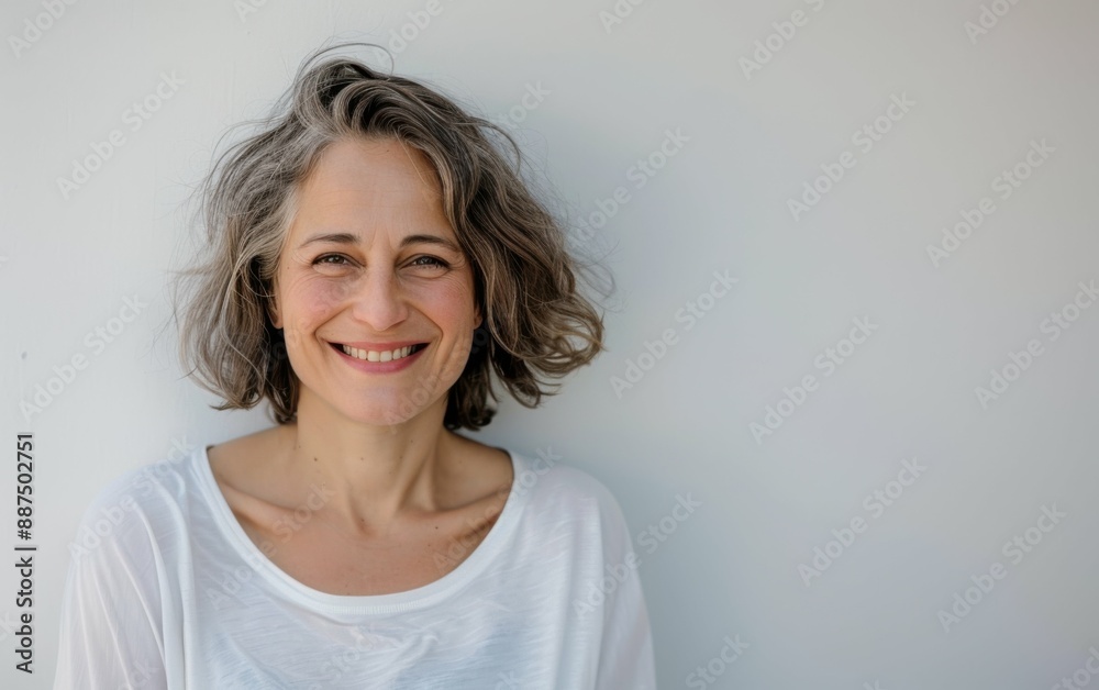 Sticker a woman with short, grey hair is smiling at the camera. she is wearing a white t-shirt and standing 