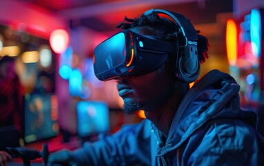 A young man wearing a virtual reality headset and headphones plays a game in a brightly lit arcade setting