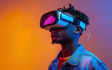 A young man wearing a VR headset stands in front of a brightly lit background, immersed in a virtual reality game