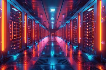 Futuristic Data Center with Neon Blue and Red Lighting, Endless Rows of Server Racks in a High-Tech Technological Environment data center