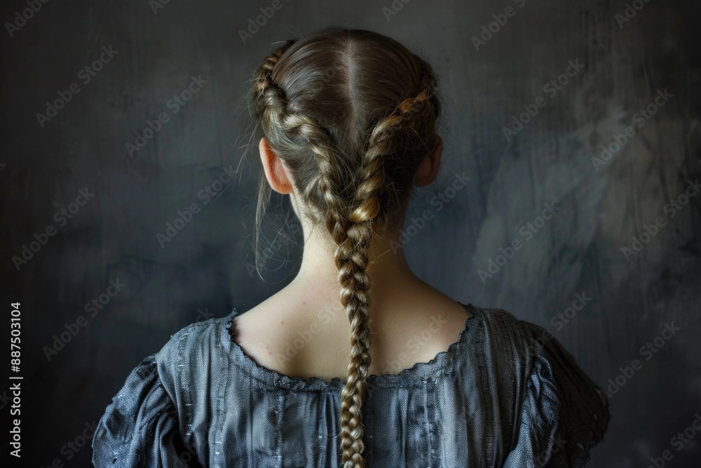 Poster A portrait of a woman with a long braid in her hair, standing against a neutral background