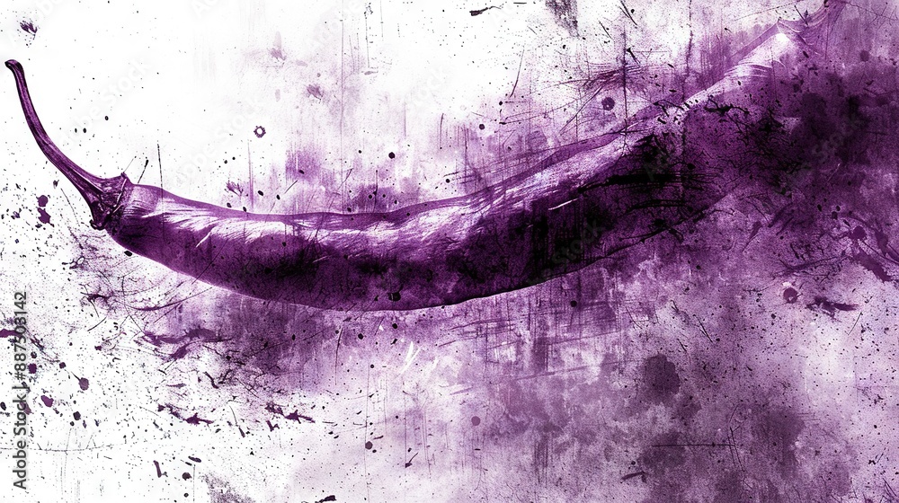 Poster   Purple banana painting on white and purple background with splash of paint on bottom