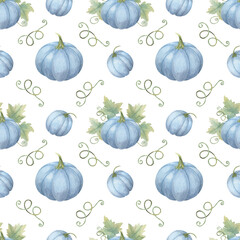 Seamless watercolor pattern with blue pumpkins and green leaves. Cozy background Ideal for creating festive tablecloths, party invitations, gift wrap, and seasonal home decor