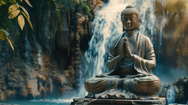 Meditative Buddha statue near the waterfall