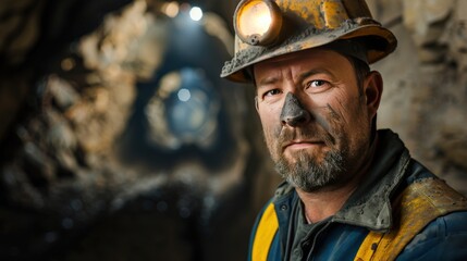 Fototapeta premium A man in a yellow helmet and a dirty face is standing in a dark tunnel. He looks tired and dirty