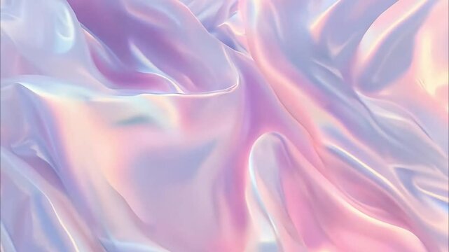 A surreal and luminous holographic fabric with nacre-like waves in pink, lilac, and white hues, creating a three-dimensional, glowing effect. Perfect for creative and abstract video backgrounds.