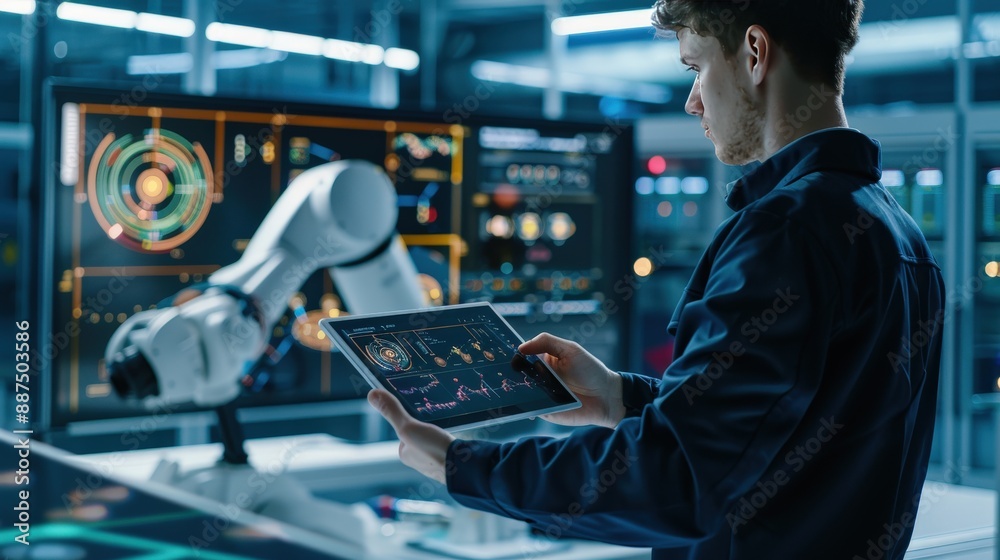 Poster a man is using a tablet to control a robot. the robot is on a screen in front of him