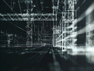 detailed blueprint of interior construction site, black background 