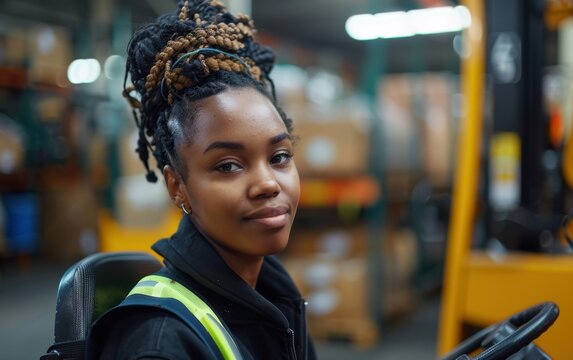 A young Black woman with braided hair, wearing a safety vest, sits in a forklift inside a warehouse, looking directly at the camera