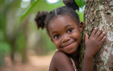 A young girl with braids smiles as she hugs a tree in a lush green forest